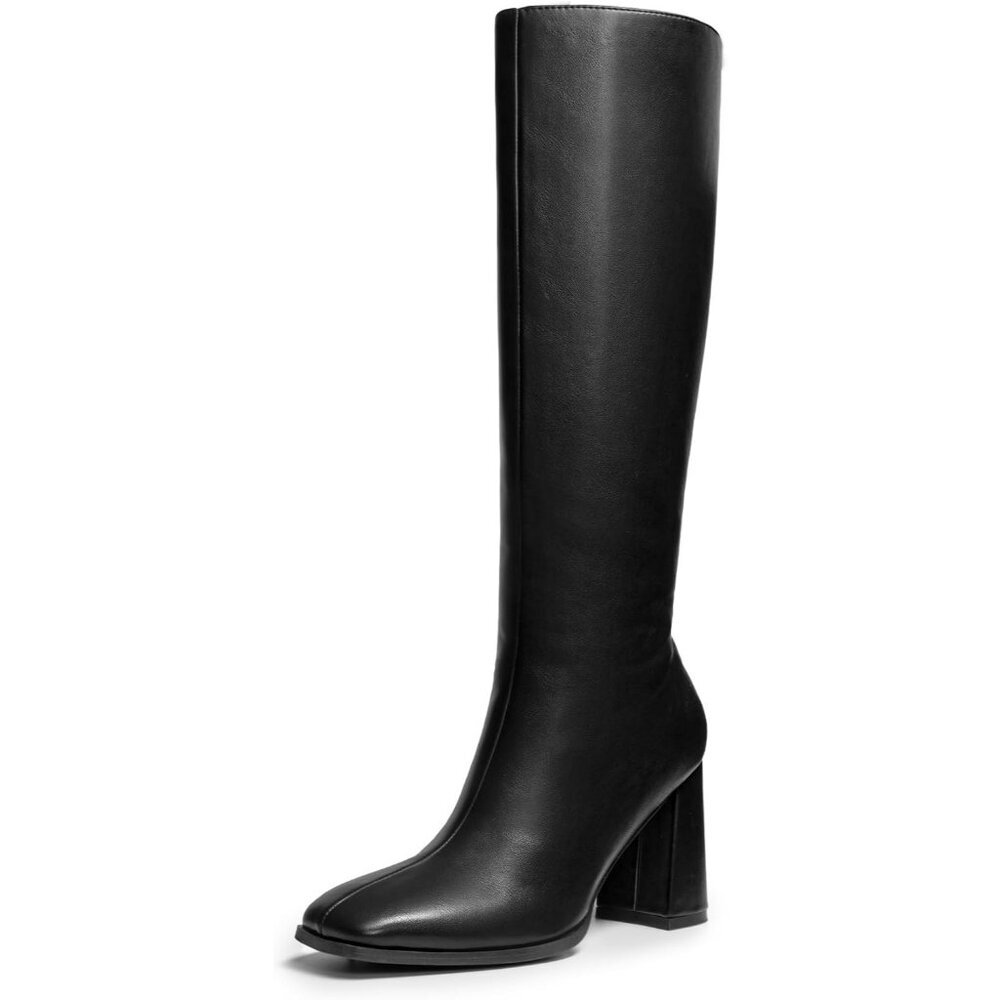 Women's Black Dream Pairs Knee-High Boots Square Toe Gogo Chunky Heel Side Zip